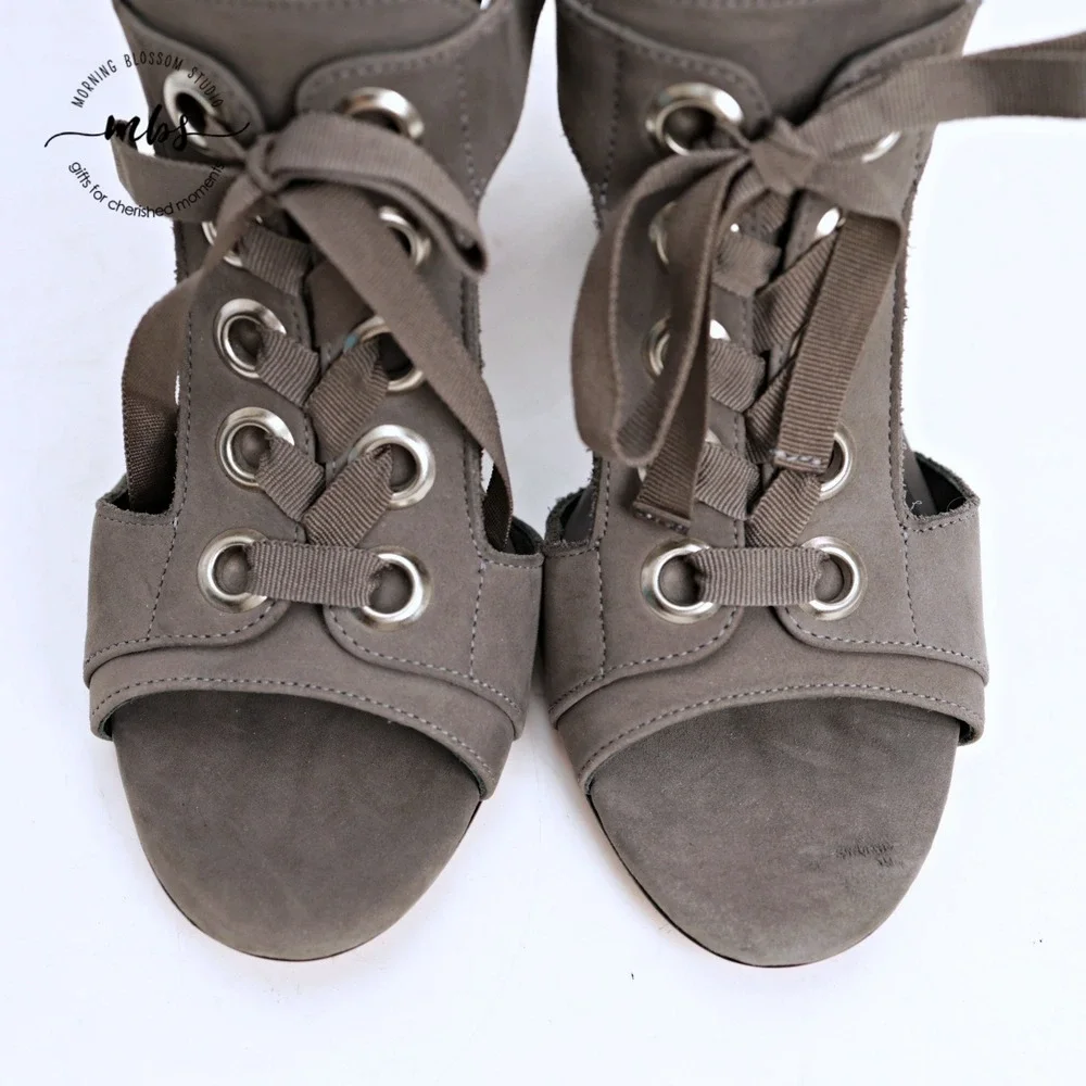 Klub Nico Tinka‎ Open Casual Chic Suede Block Lace-Up Heeled Sandals Grey 7
